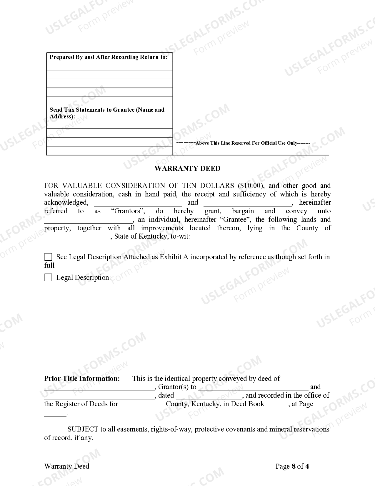 Kentucky Warranty Deed for Parents to Child with Reservation of Life