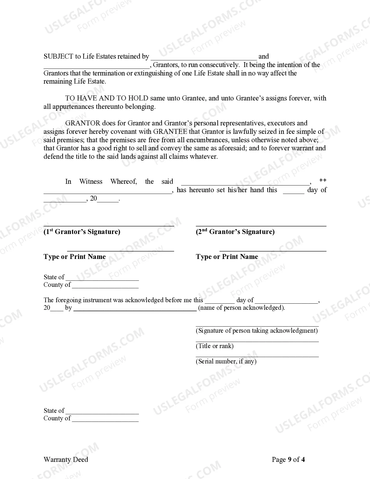 Preview Warranty Deed for Parents to Child with Reservation of Life Estate