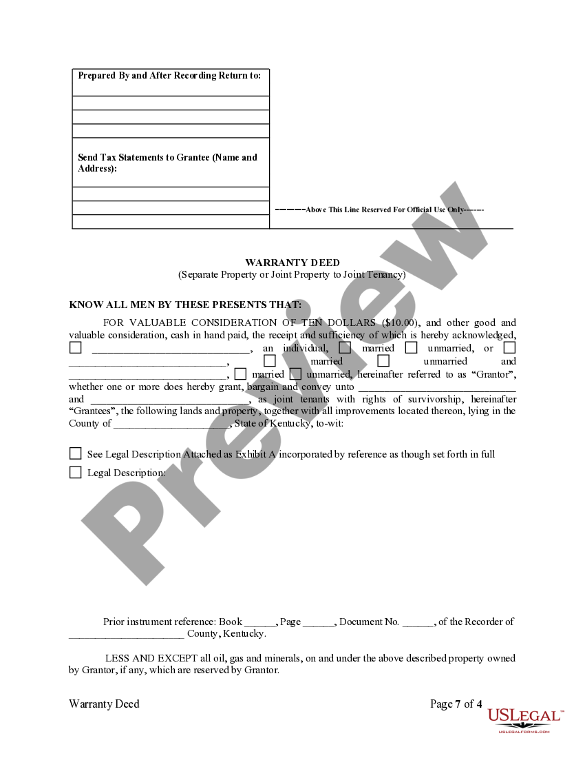 Kentucky Warranty Deed for Separate or Joint Property to Joint Tenancy