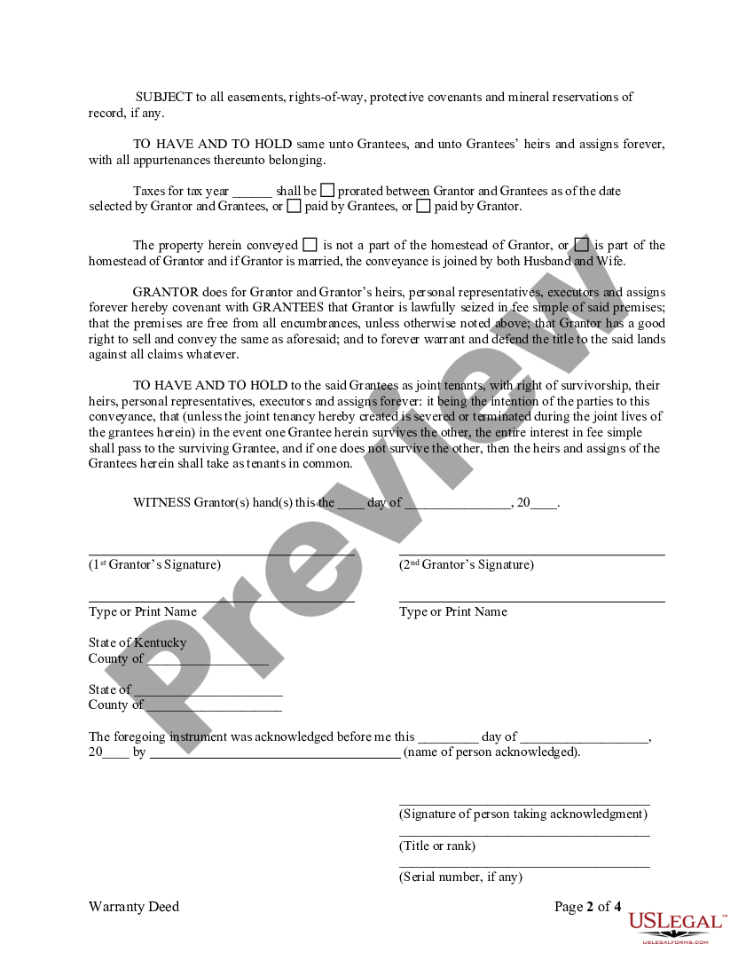 Kentucky Warranty Deed for Separate or Joint Property to Joint Tenancy ...