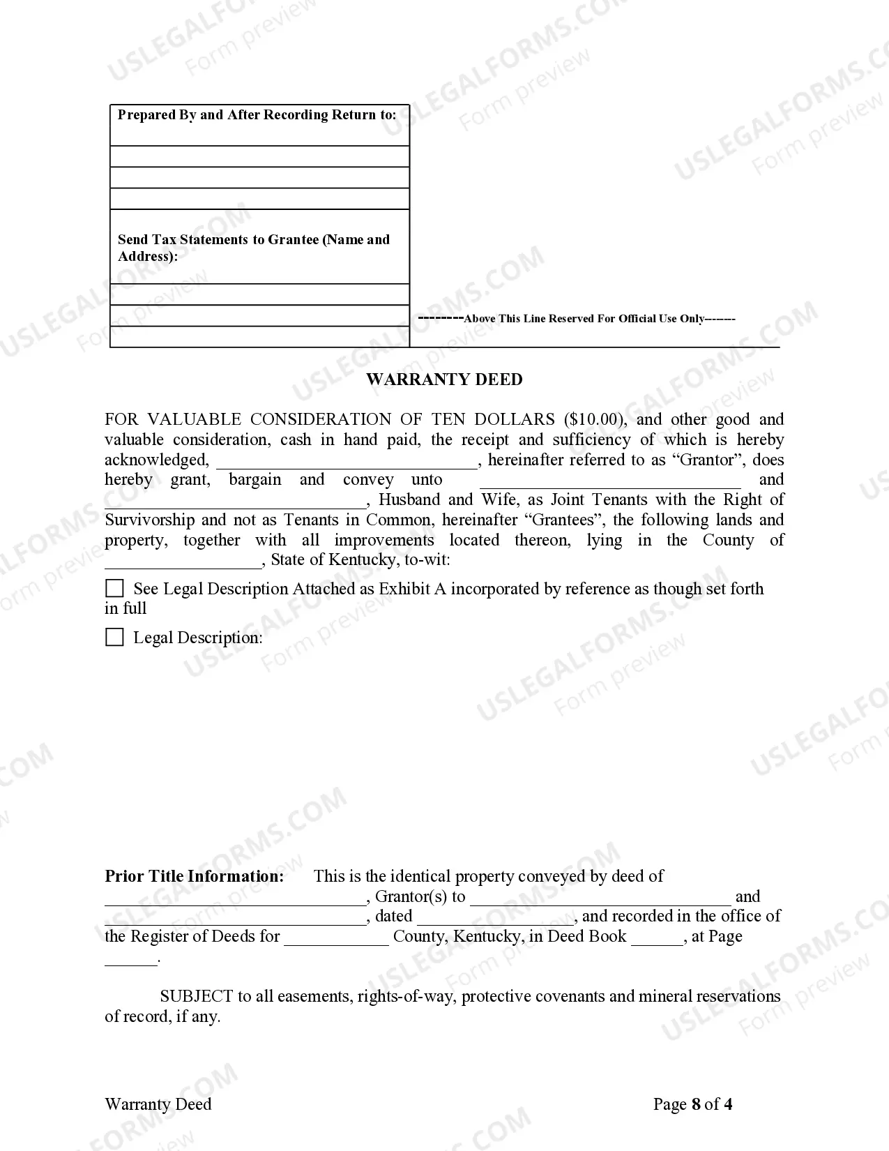 Preview Warranty Deed to Separate Property of One Spouse to Both Spouses as Joint Tenants