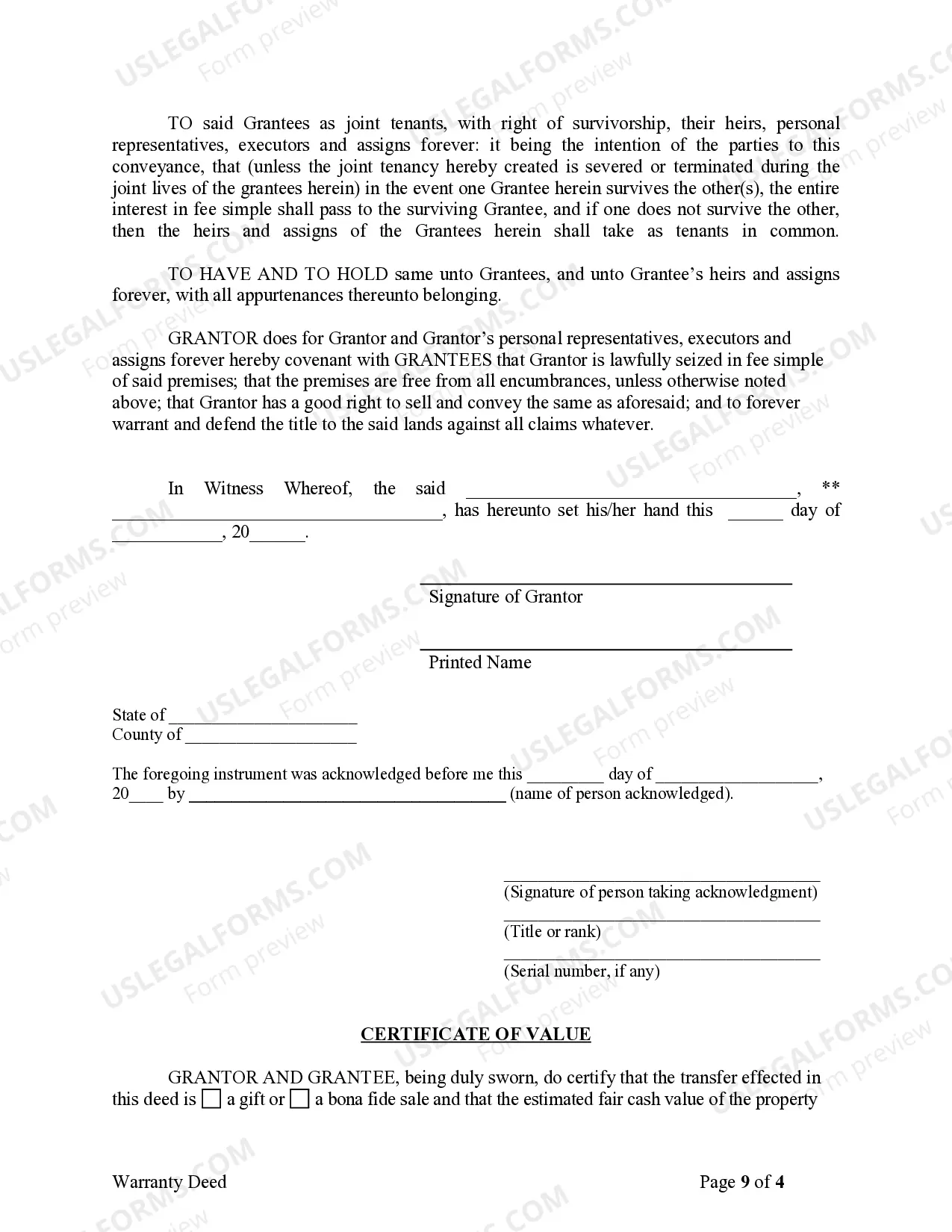 Preview Warranty Deed to Separate Property of One Spouse to Both Spouses as Joint Tenants