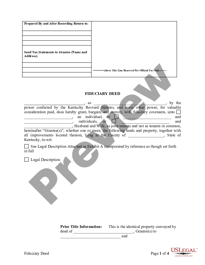 Kentucky Fiduciary Deed for use by Executors, Trustees, Trustors