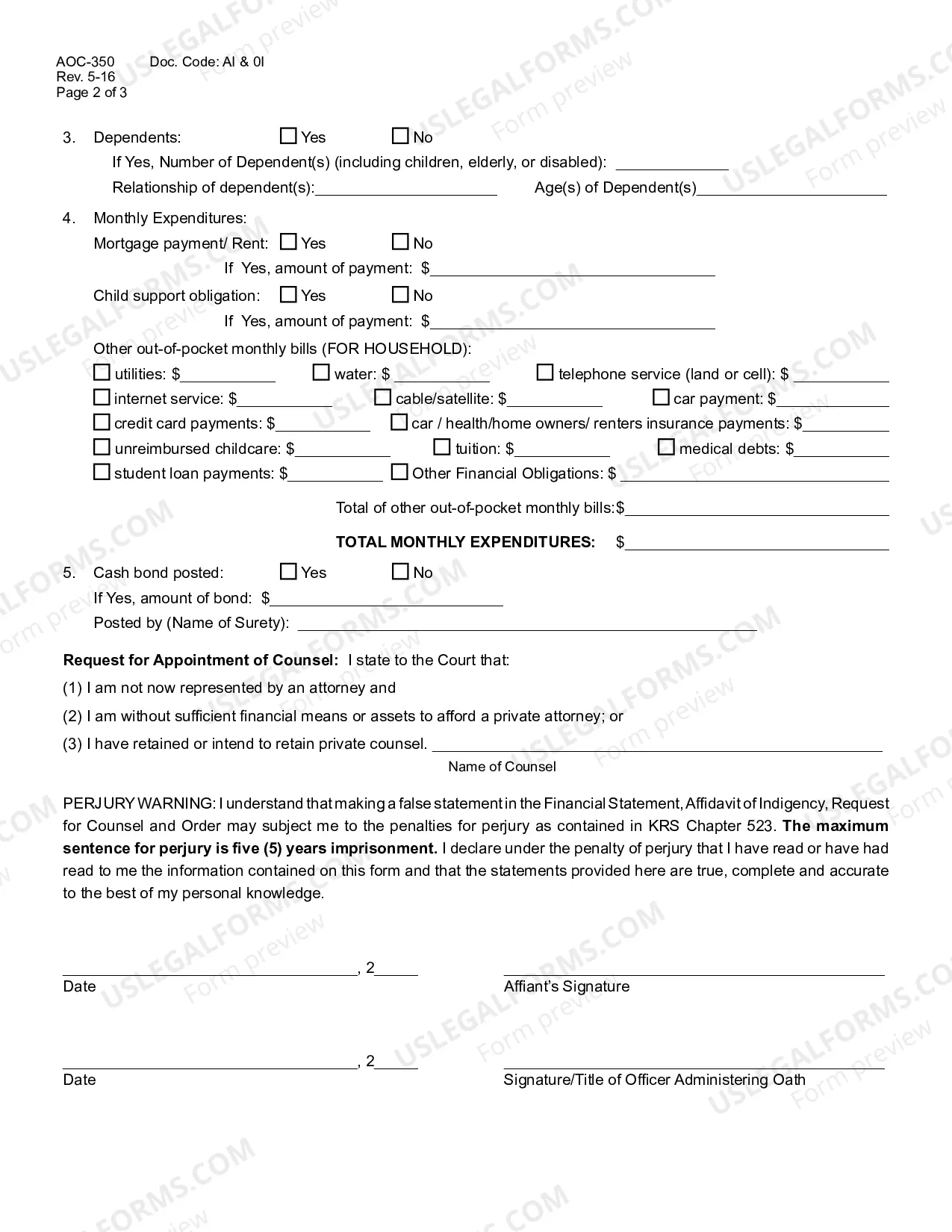 Preview Financial Statement, Affidavit of Indigency, Request for Counsel and Order (Criminal Cases)