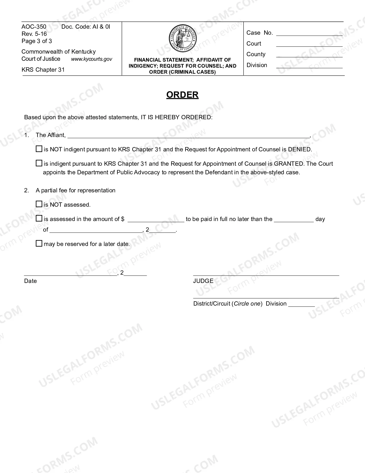 Preview Financial Statement, Affidavit of Indigency, Request for Counsel and Order (Criminal Cases)