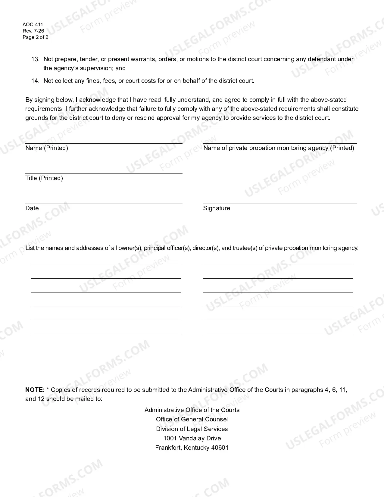 Preview Private Probation Agency Requirements and Agreement