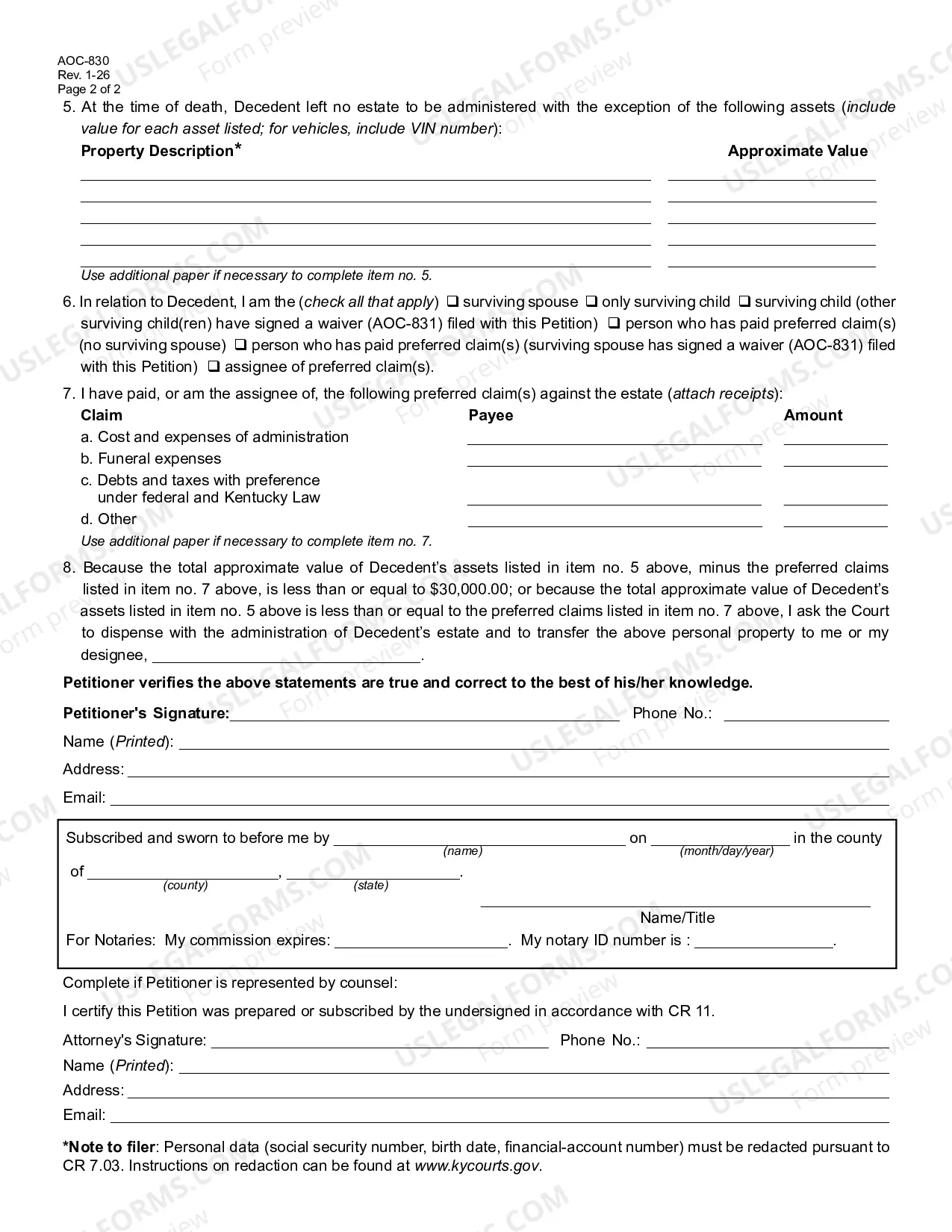 Preview Petition-Order to Dispense with Administration (Surviving Spouse/Children/Preferred Creditor)