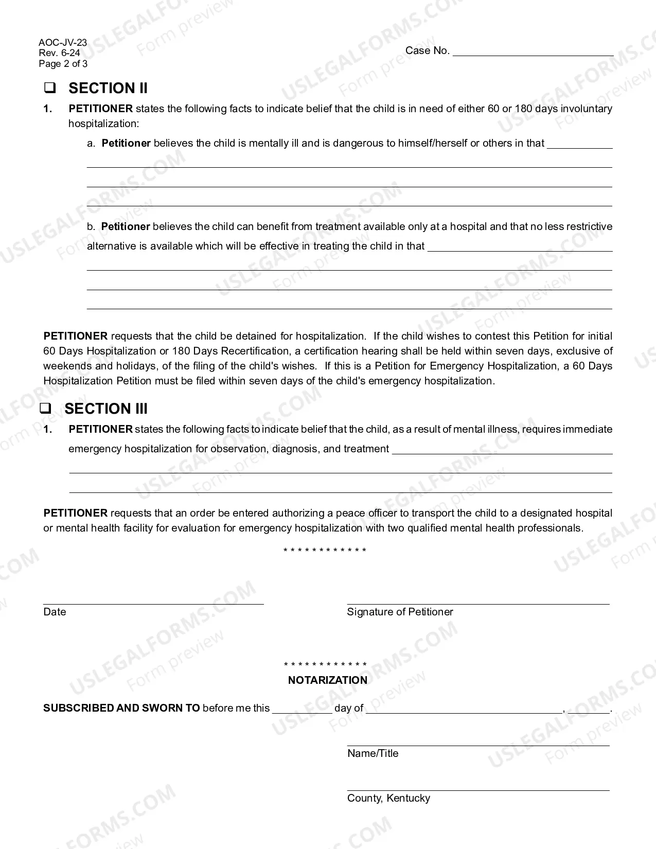 Preview Verified Petition for Involuntary Hospitalization