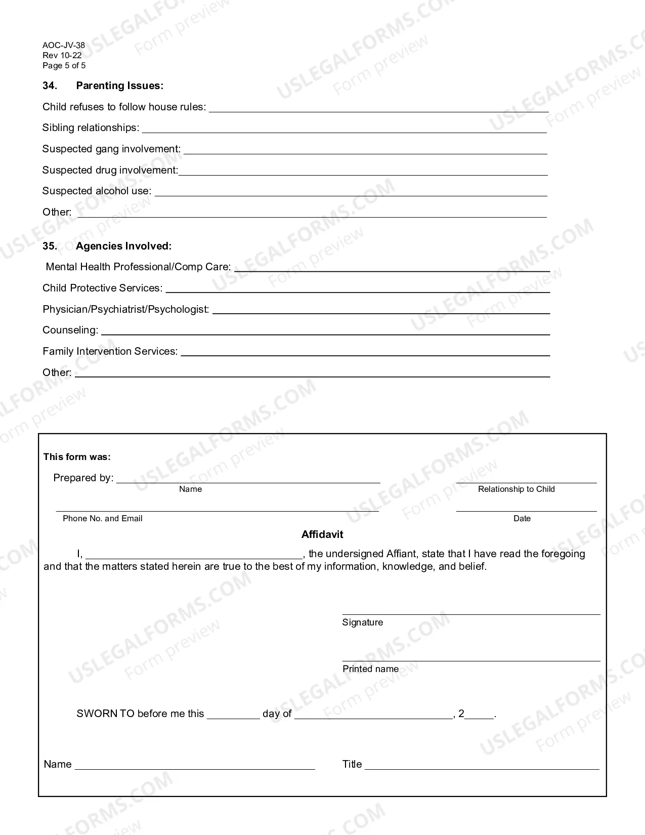 Preview Affidavit and Beyond Control of Parent Evaluation Form