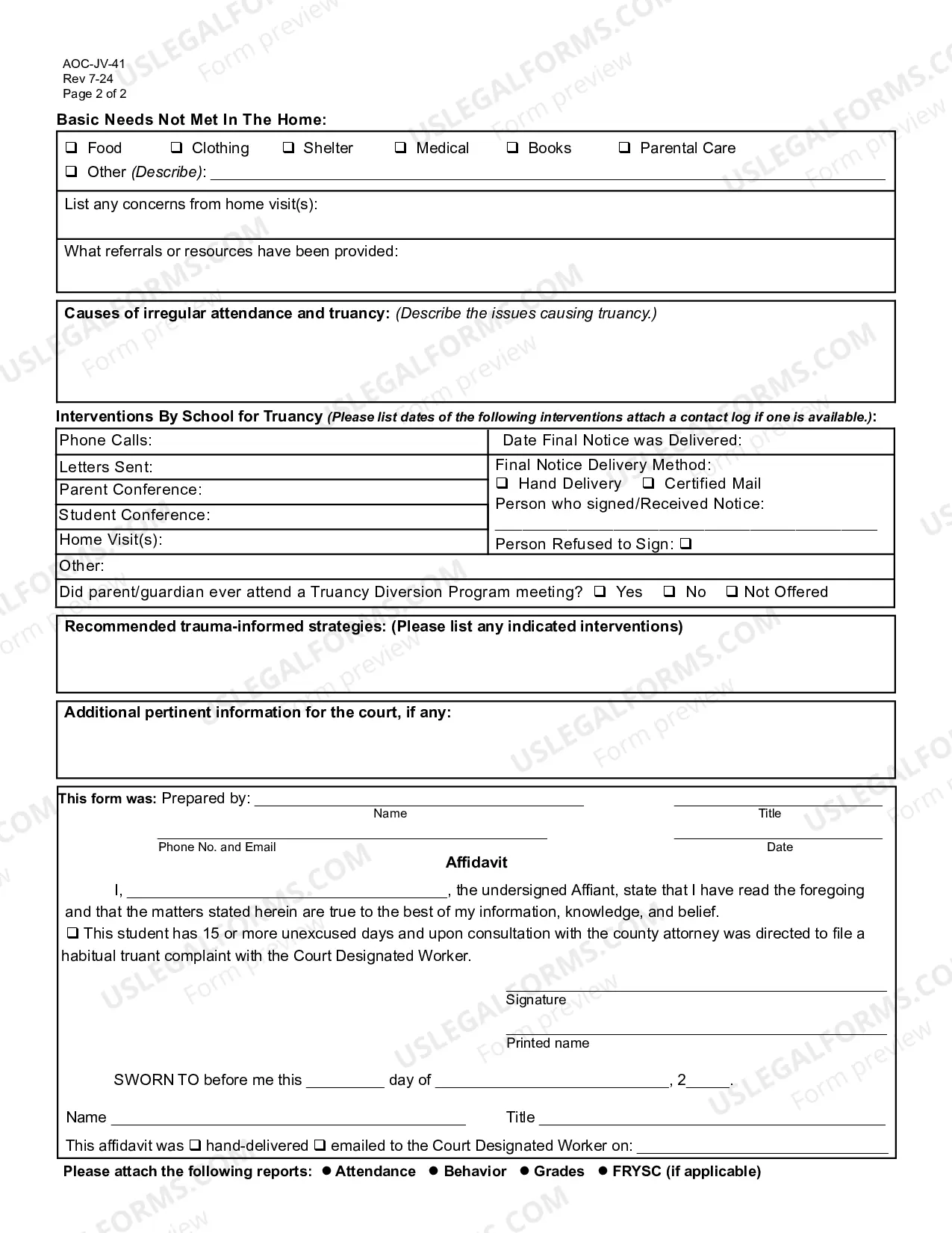 Preview Affidavit and Truancy Evaluation Form
