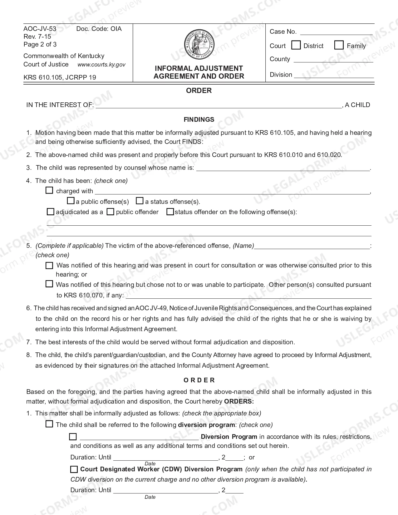Preview Informal Adjustment Agreement and Order