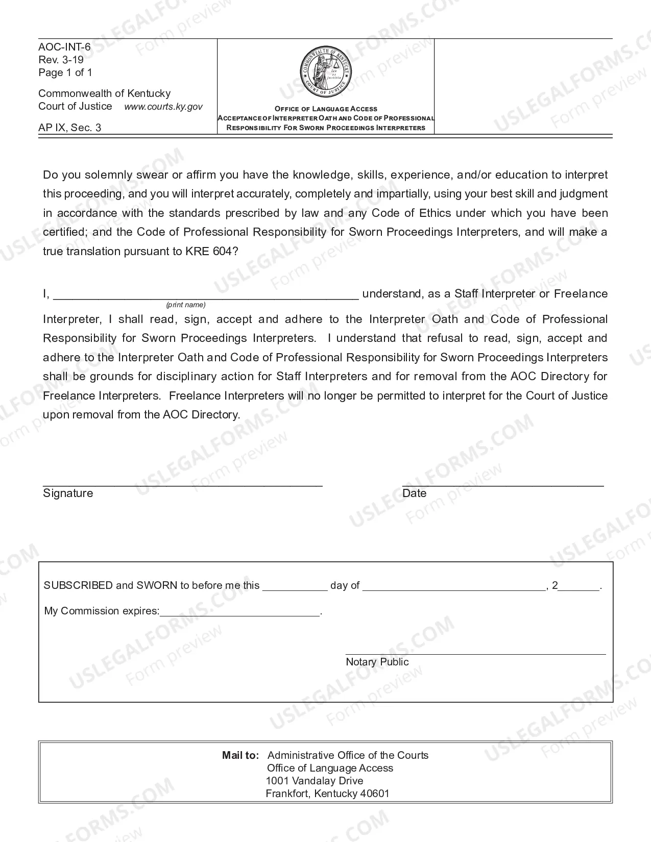 Preview Court Interpreting Services Acceptance of Interpreter Oath and Code of Professional Responsibility