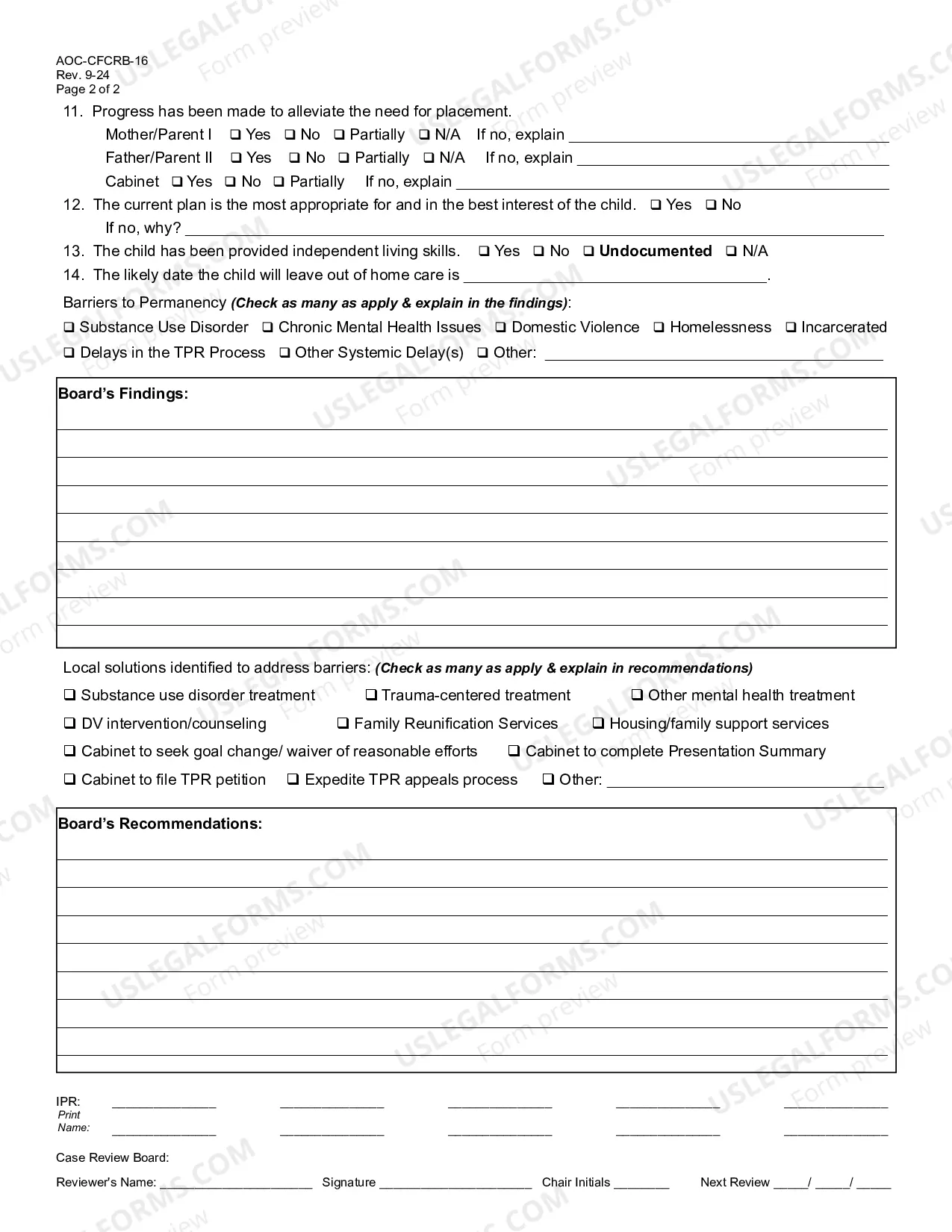 Preview Findings and Recommendations [ ] Interested Party Review Board [ ] Case Review Board