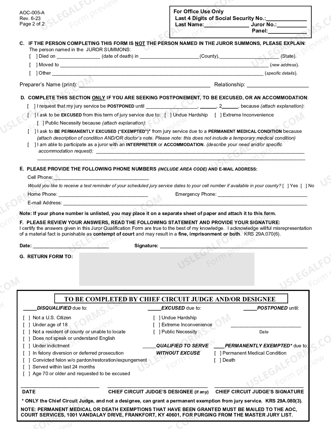 Preview Juror Qualification Form