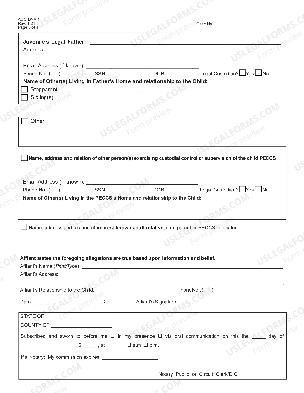 Preview Juvenile Dependency-Neglect or Abuse Petition [ ] w/Emergency Custody Order Affidavit