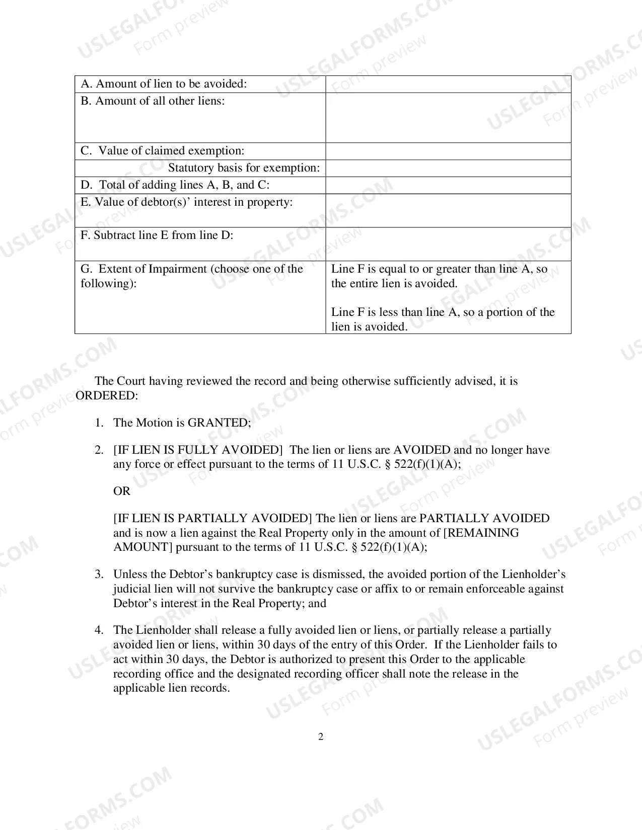 Preview Order Avoiding Judicial Lien