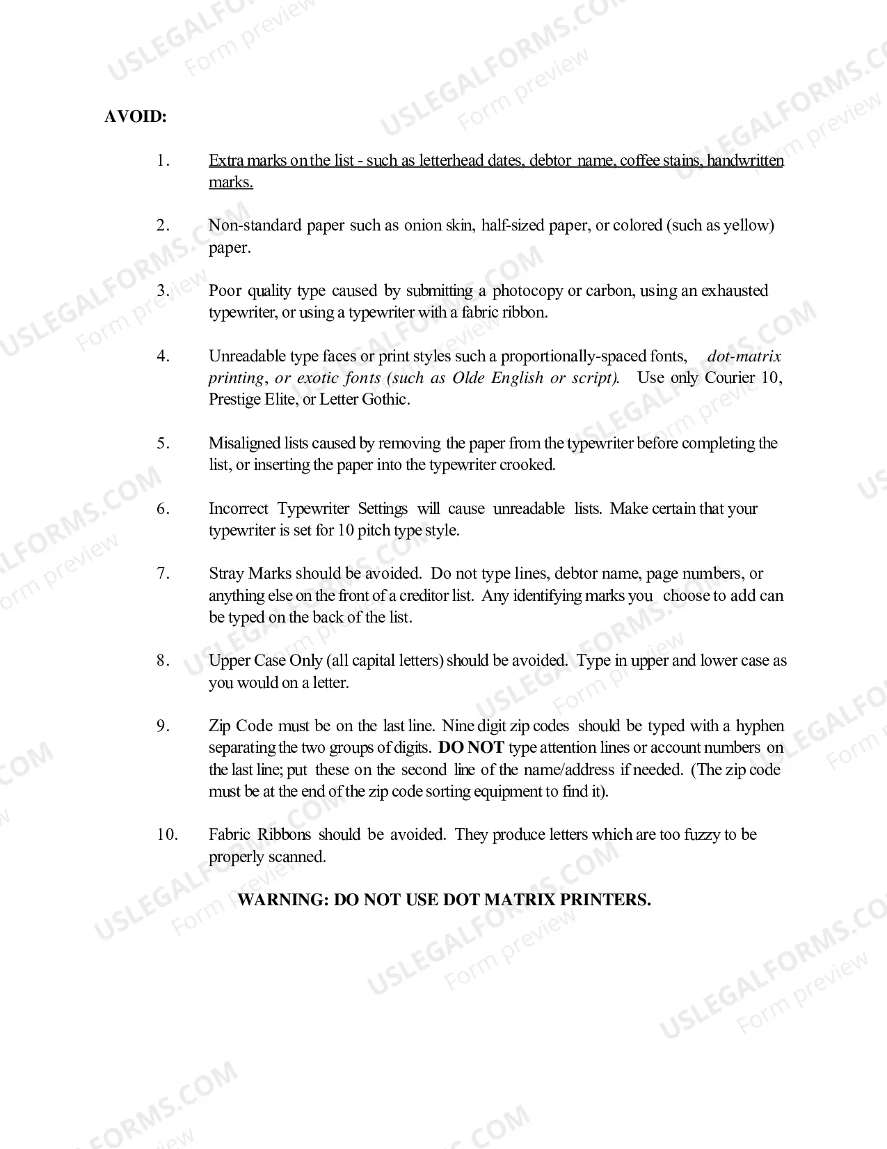 Preview Format for Creditor Matrix