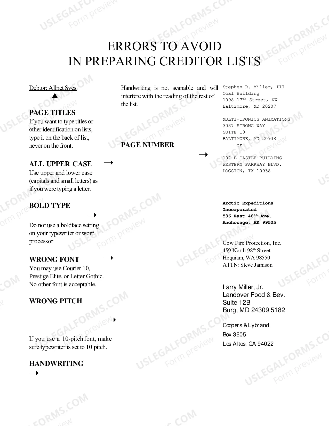 Preview Format for Creditor Matrix