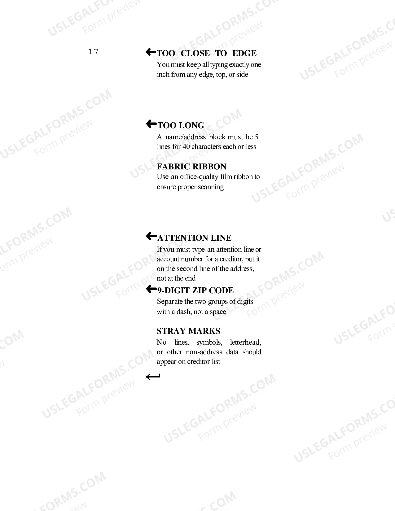 Preview Format for Creditor Matrix