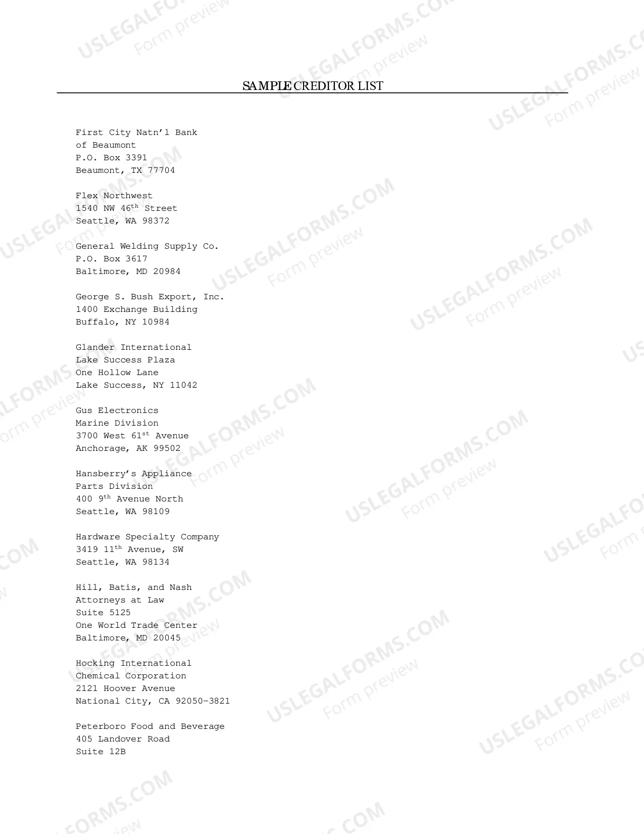 Preview Format for Creditor Matrix