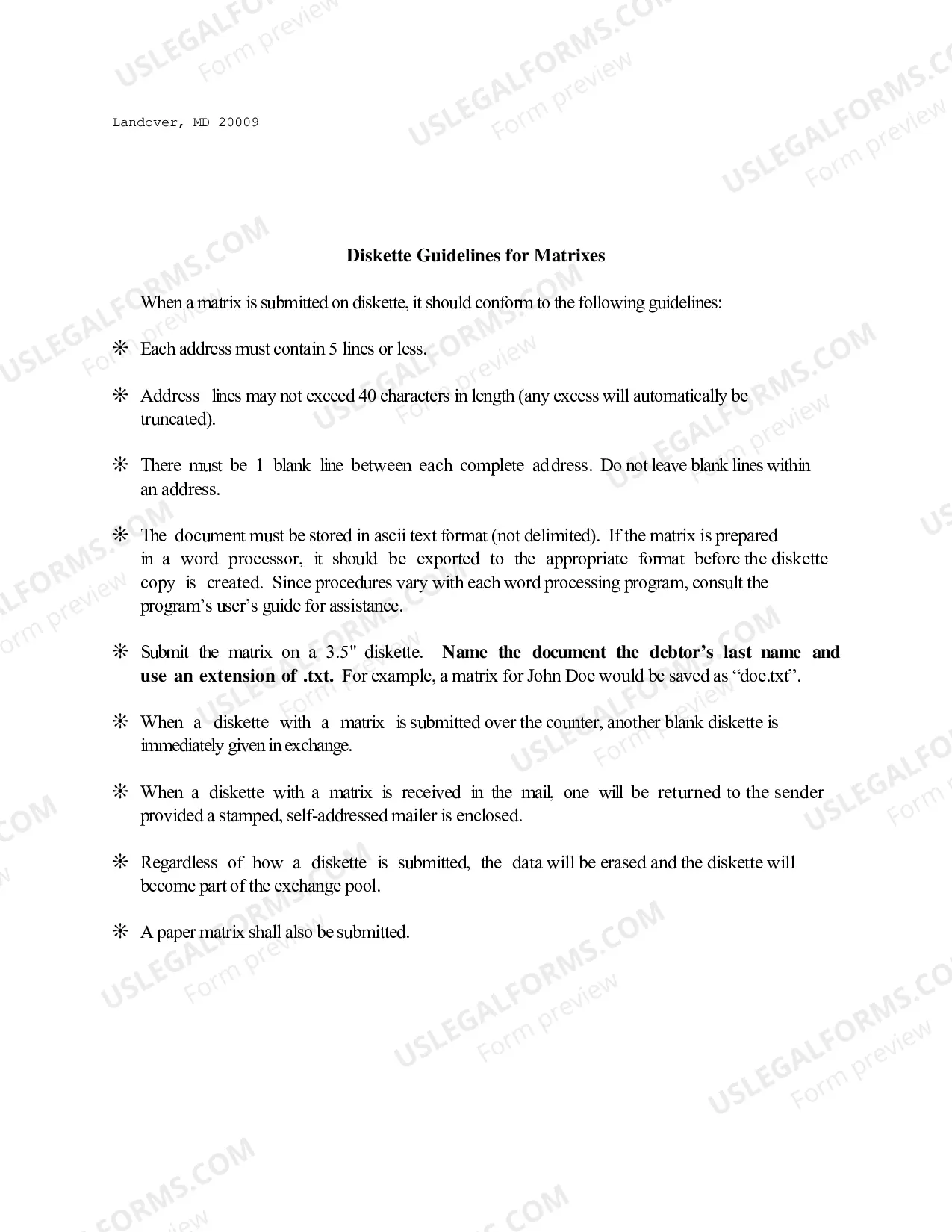 Preview Format for Creditor Matrix