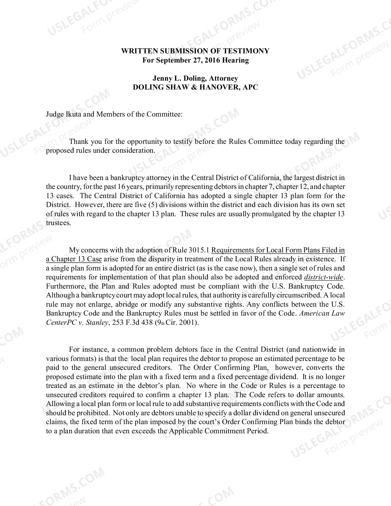 Preview Testimony submitted for Hearing on Proposed Amendments to Bankruptcy Rule 3015 and New Rule 3015.1