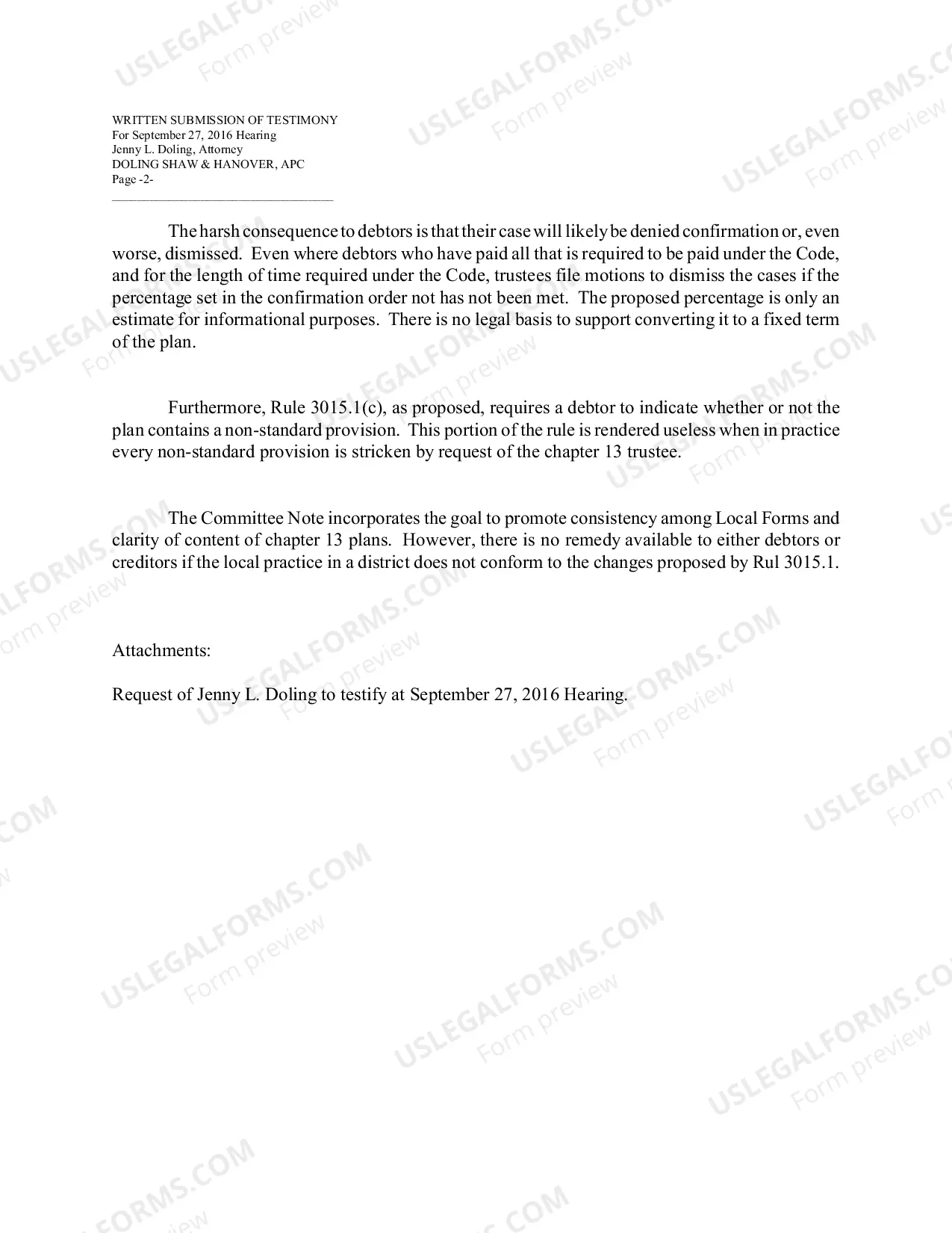Preview Testimony submitted for Hearing on Proposed Amendments to Bankruptcy Rule 3015 and New Rule 3015.1