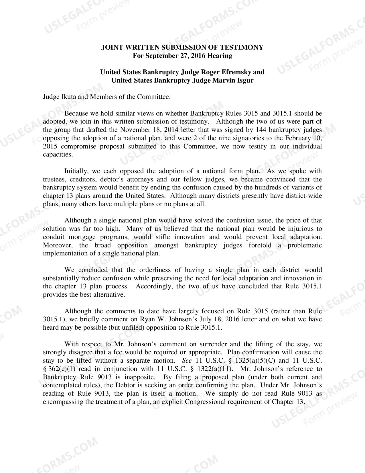 Preview Testimony submitted for Hearing on Proposed Amendments to Bankruptcy Rule 3015 and New Rule 3015.1