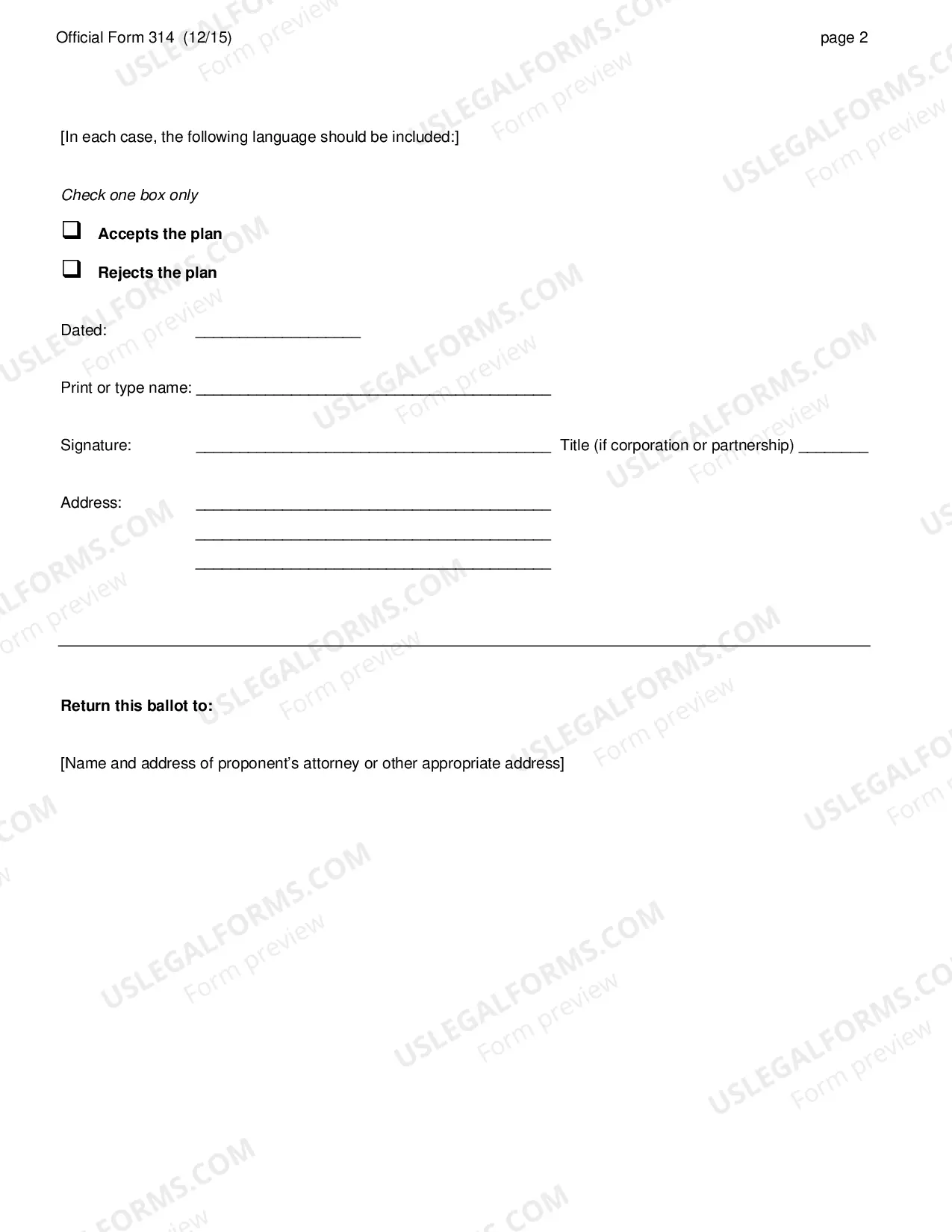 Preview Ballot for Accepting or Rejecting Plan