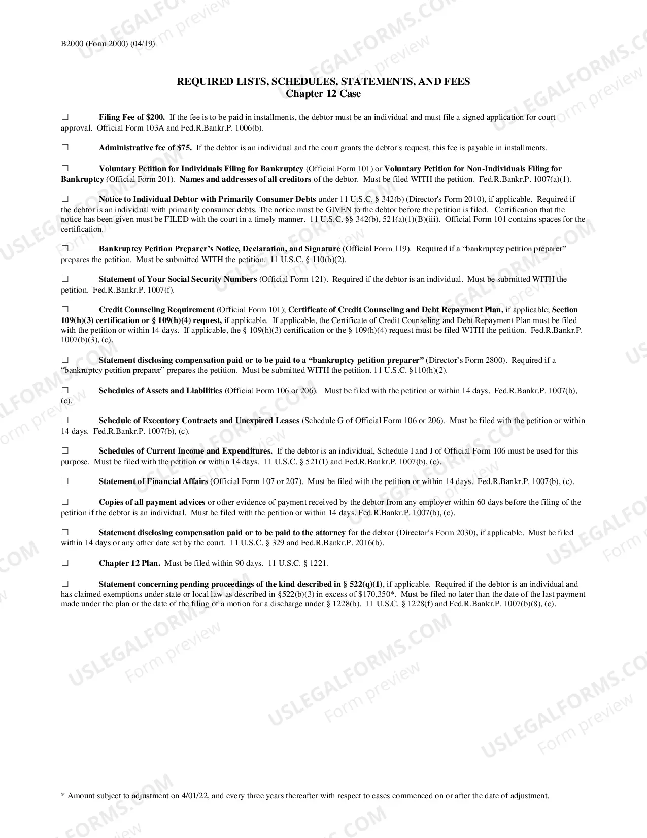 Preview Required Lists, Schedules, Statements, and Fees