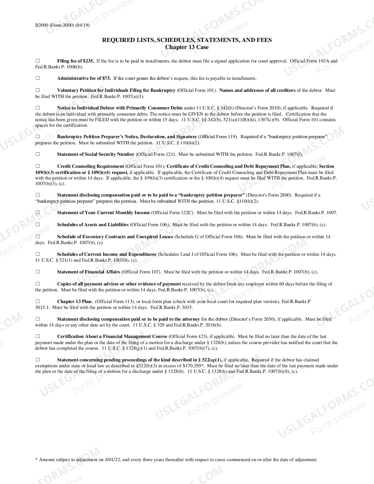 Preview Required Lists, Schedules, Statements, and Fees