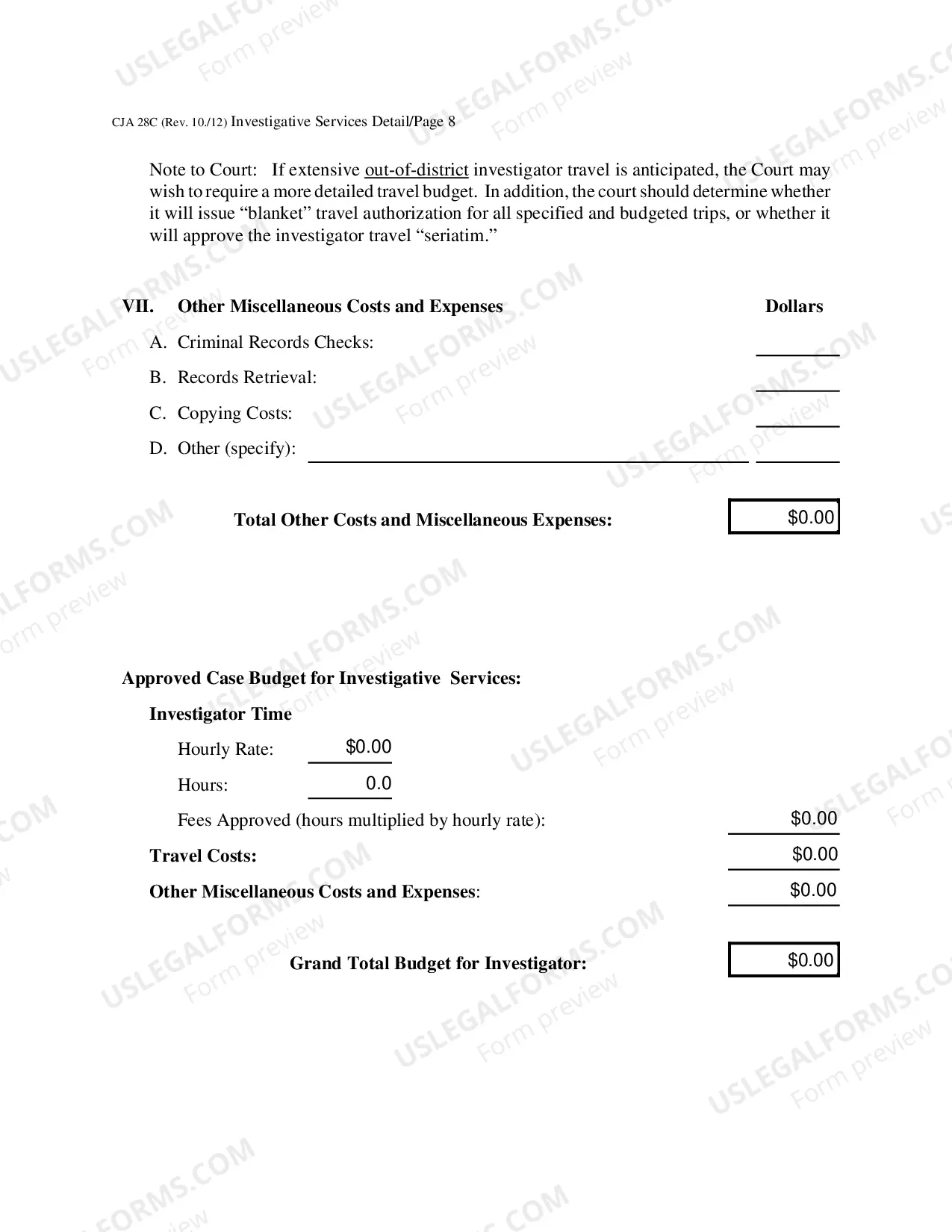 Preview Investigative Services Detailed Budget Worksheet for Non-capital Representations with the Potential for Extraordinary Cost