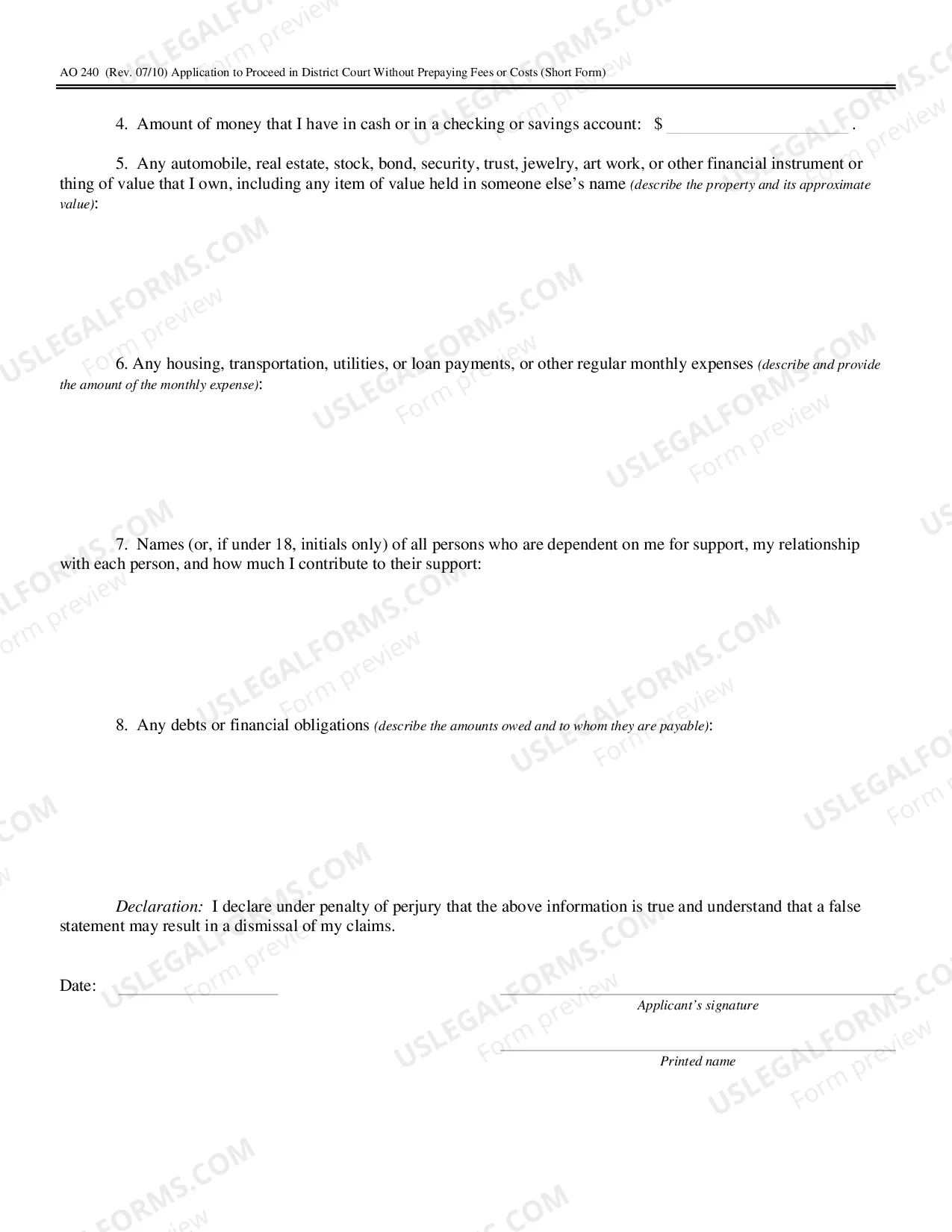 Preview Application to Proceed in District Court Without Prepaying Fees or Costs (Short Form)