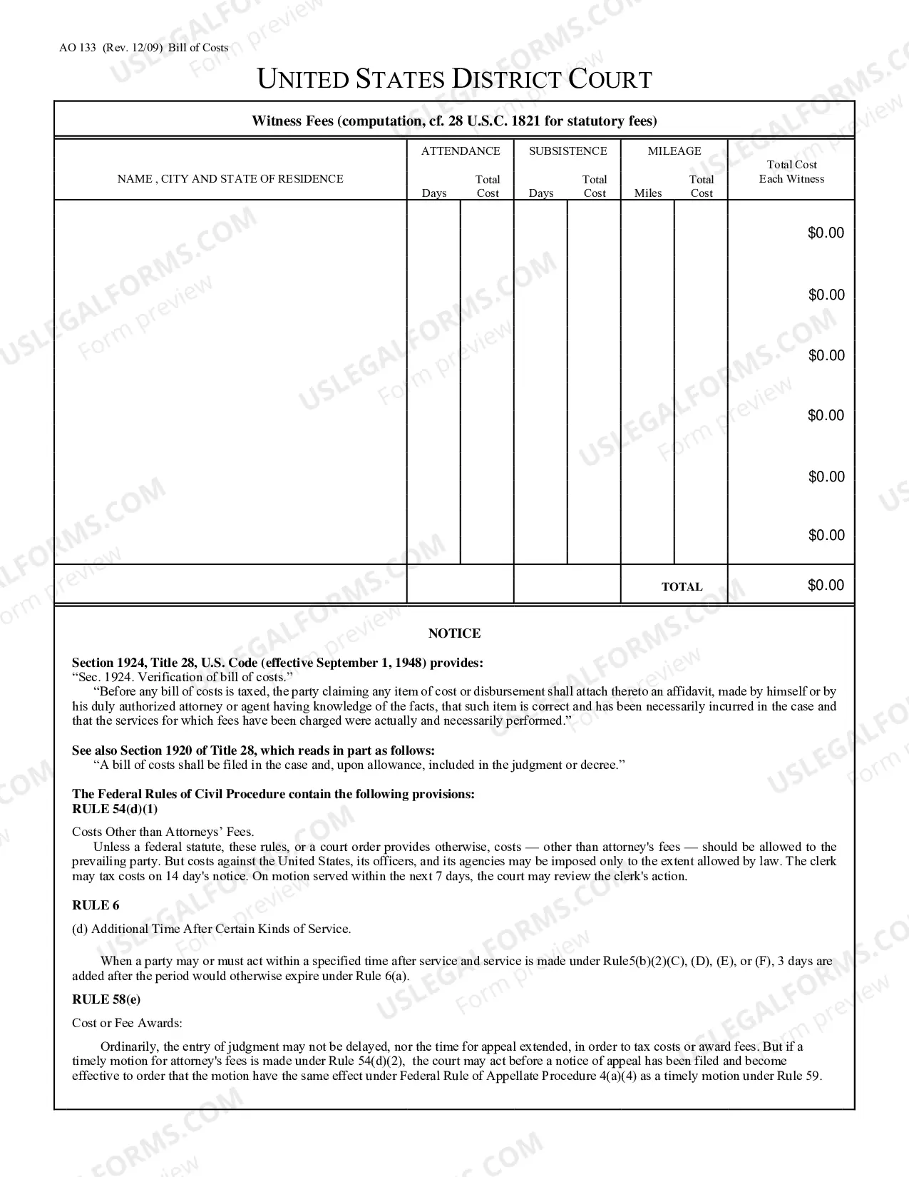 Preview Bill of Costs
