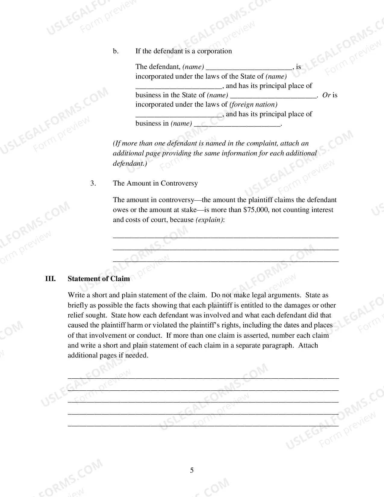 Preview Complaint for a Civil Case