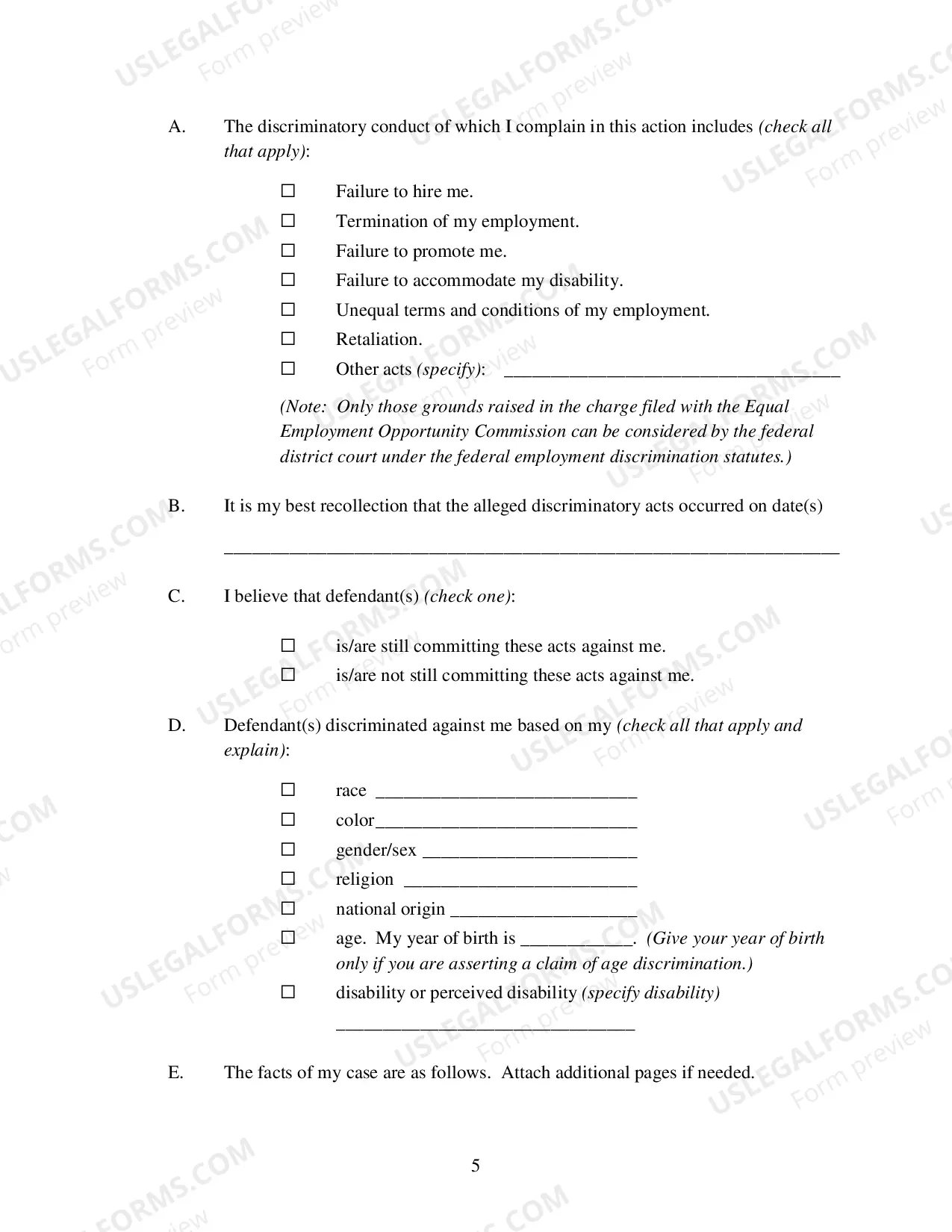 Preview Complaint for Employment Discrimination