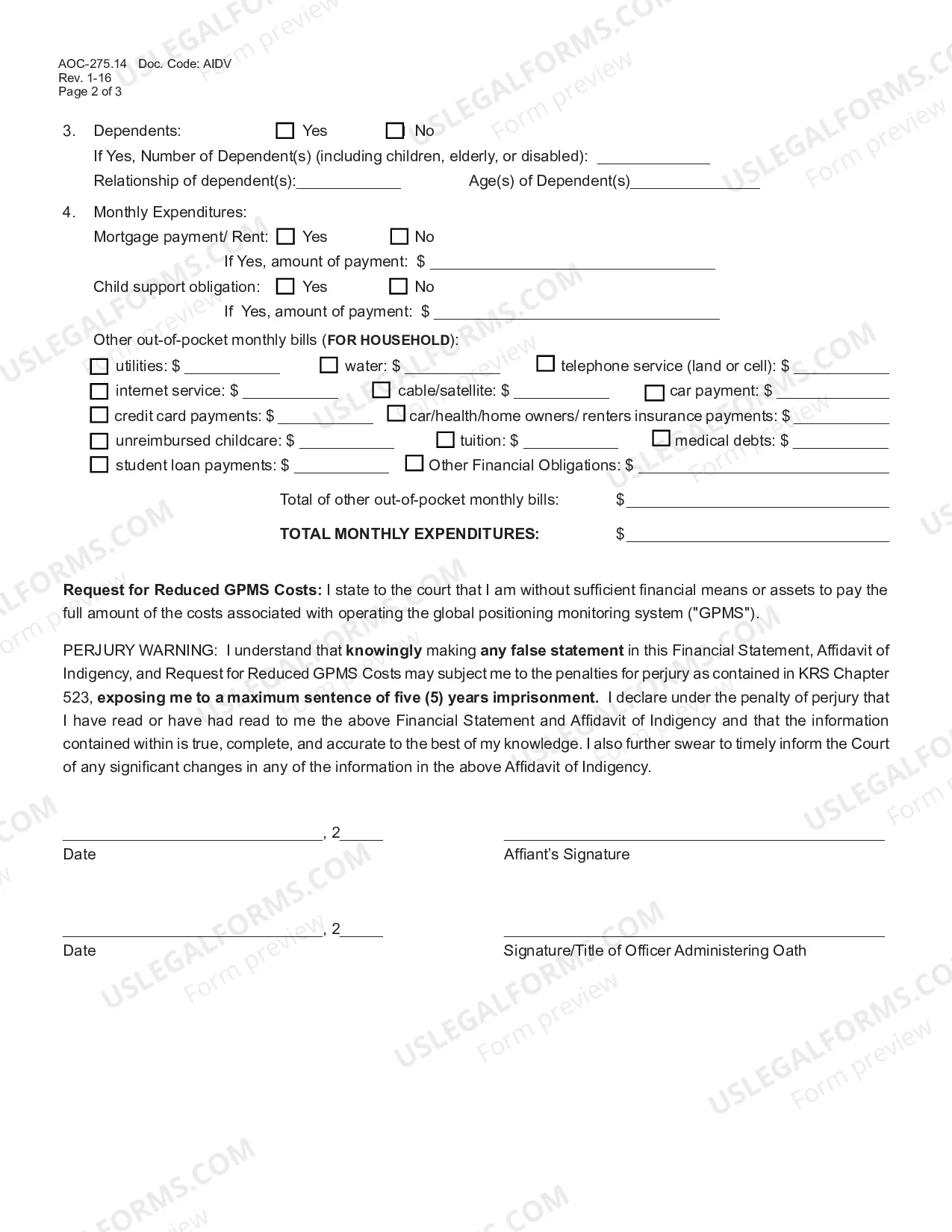Preview Respondents Financial Statement - Affidavit of Indingency - Reduced GPMS And Order