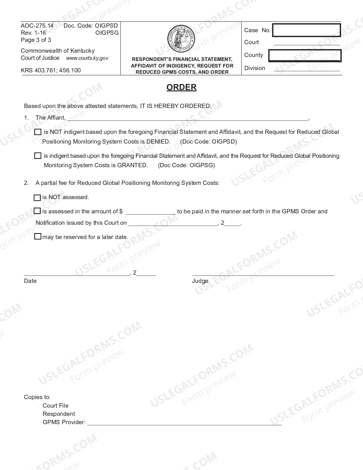 Preview Respondents Financial Statement - Affidavit of Indingency - Reduced GPMS And Order