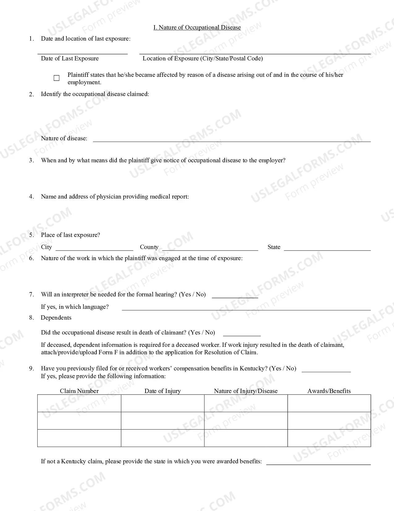 Preview Application For Resolution of A Claim - Occupational Disease
