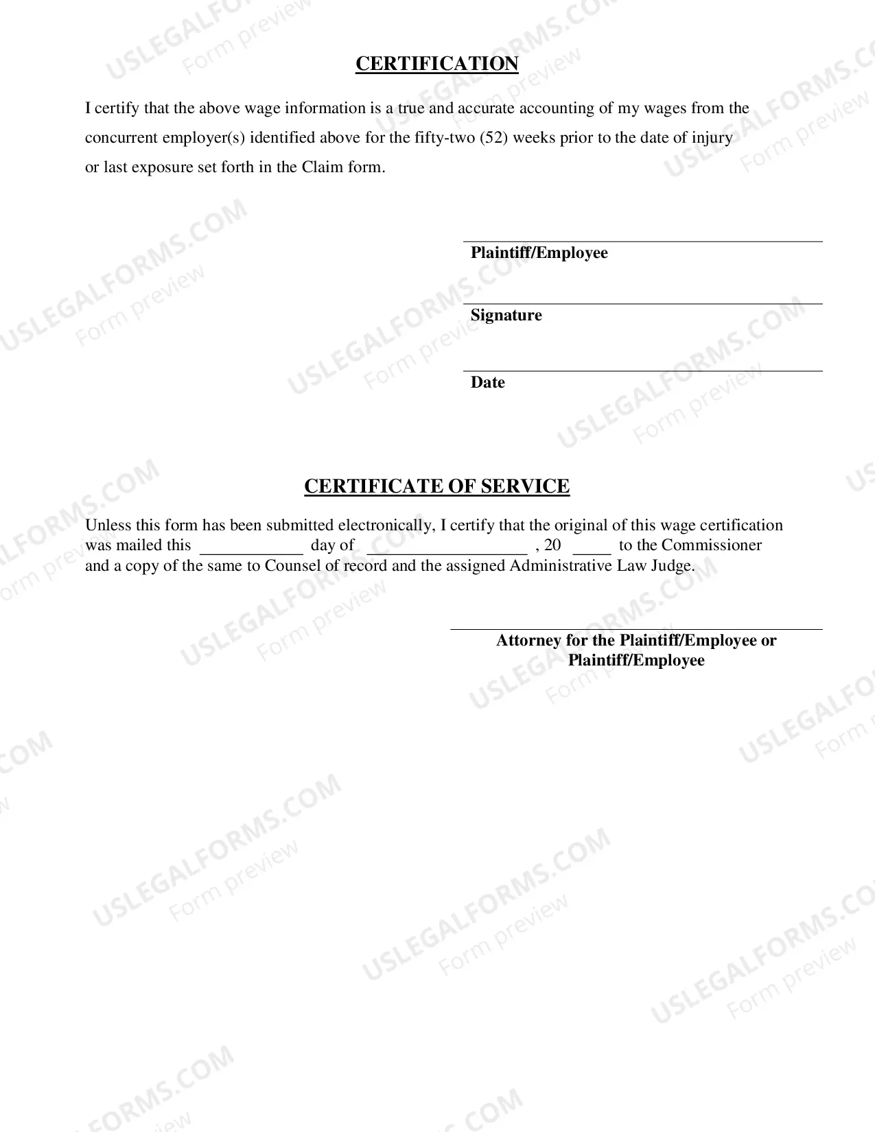 Preview Average Weekly Wage Certification - Concurrent