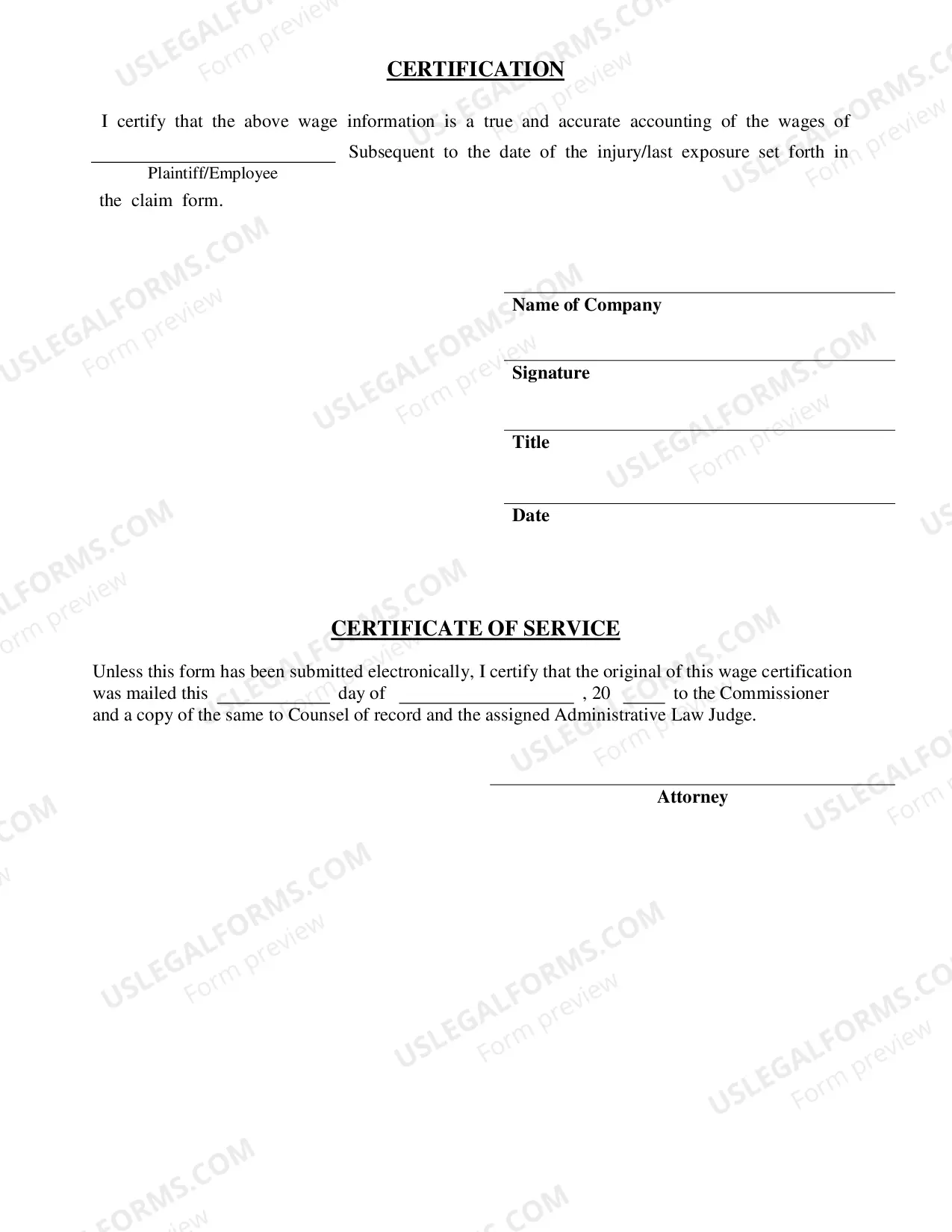 Preview Average Weekly Wage Certification - Post Injury