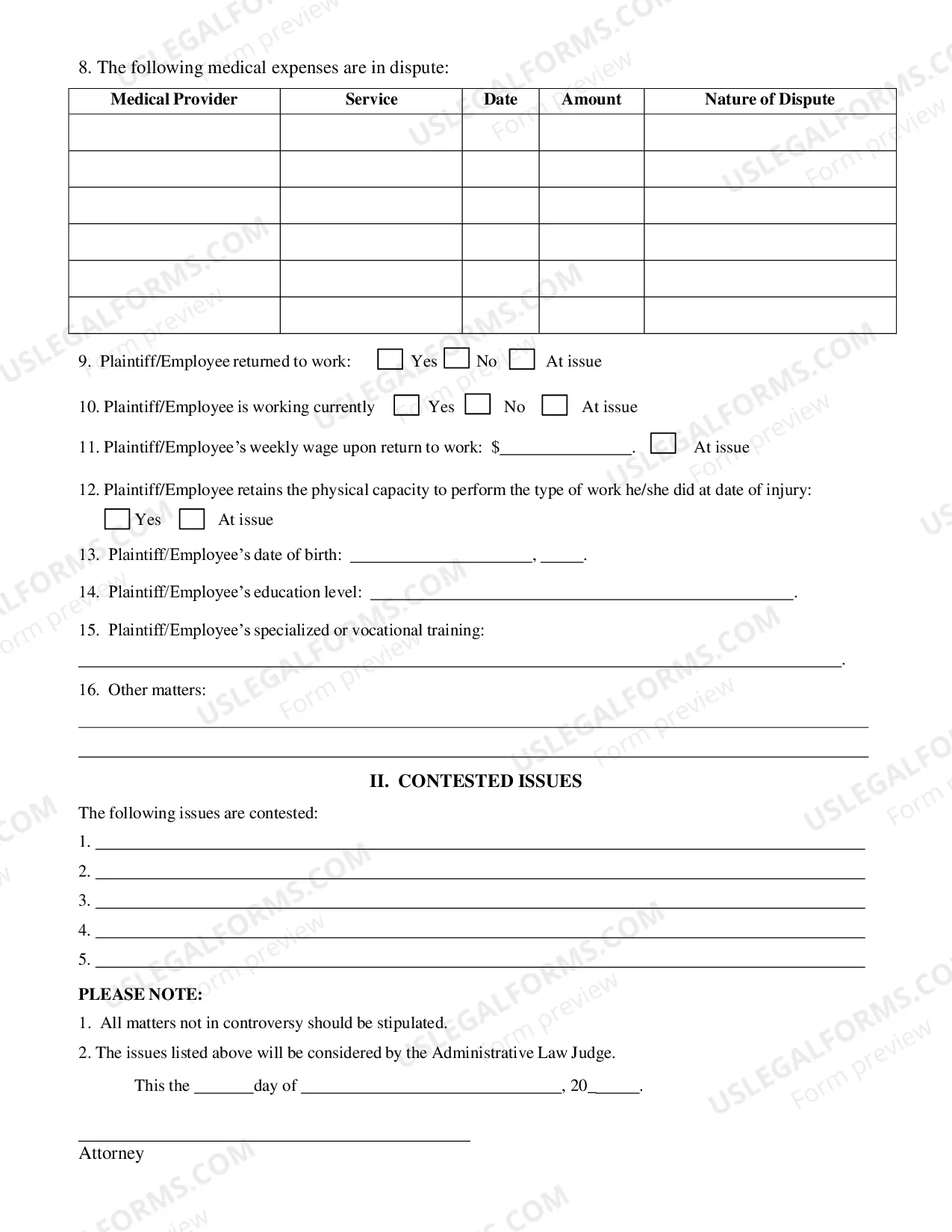 Preview Injury Stipulation And Contested Issues