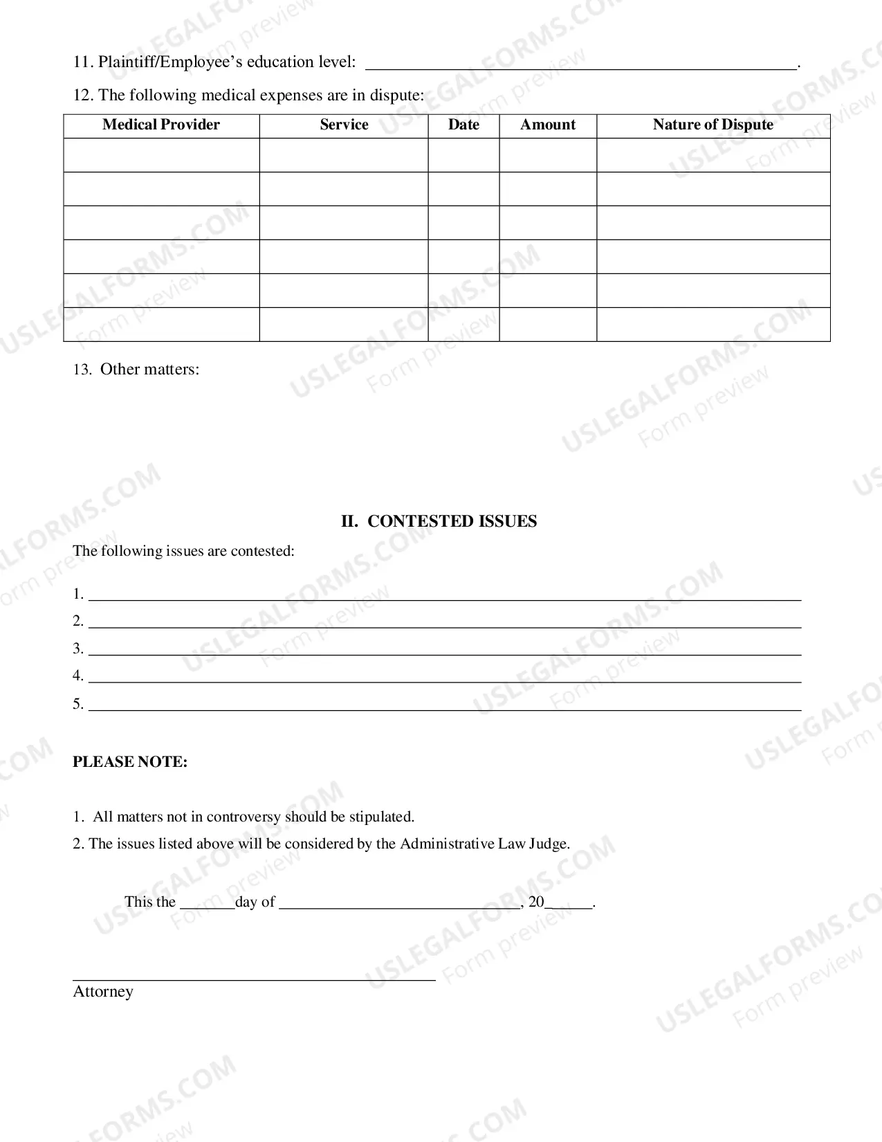 Preview Occupational Disease Stipulation And Contested Issues