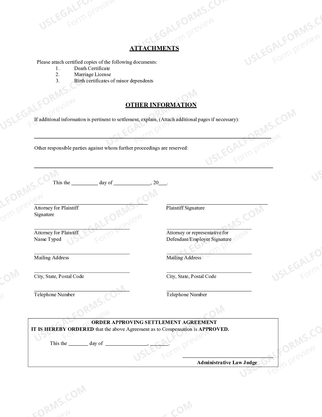 Preview Agreement as to Compensation and Order Approving Settlement - Fataility