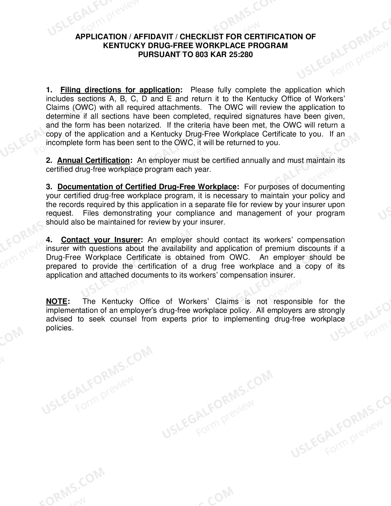 Preview Application-Affidavit/Checklist for Certification of Kentucky Drug-Free Workplace Program Pursuant to 803 KAR 25:280