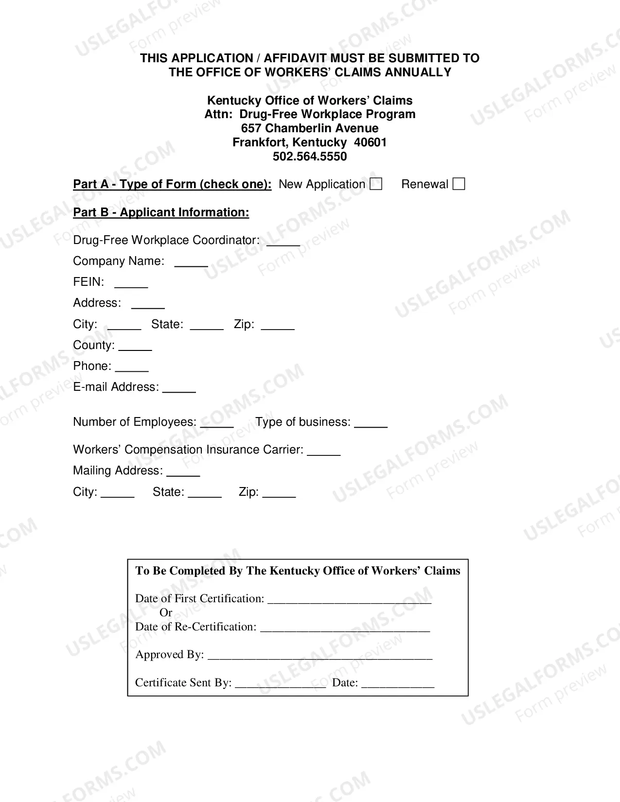 Preview Application-Affidavit/Checklist for Certification of Kentucky Drug-Free Workplace Program Pursuant to 803 KAR 25:280