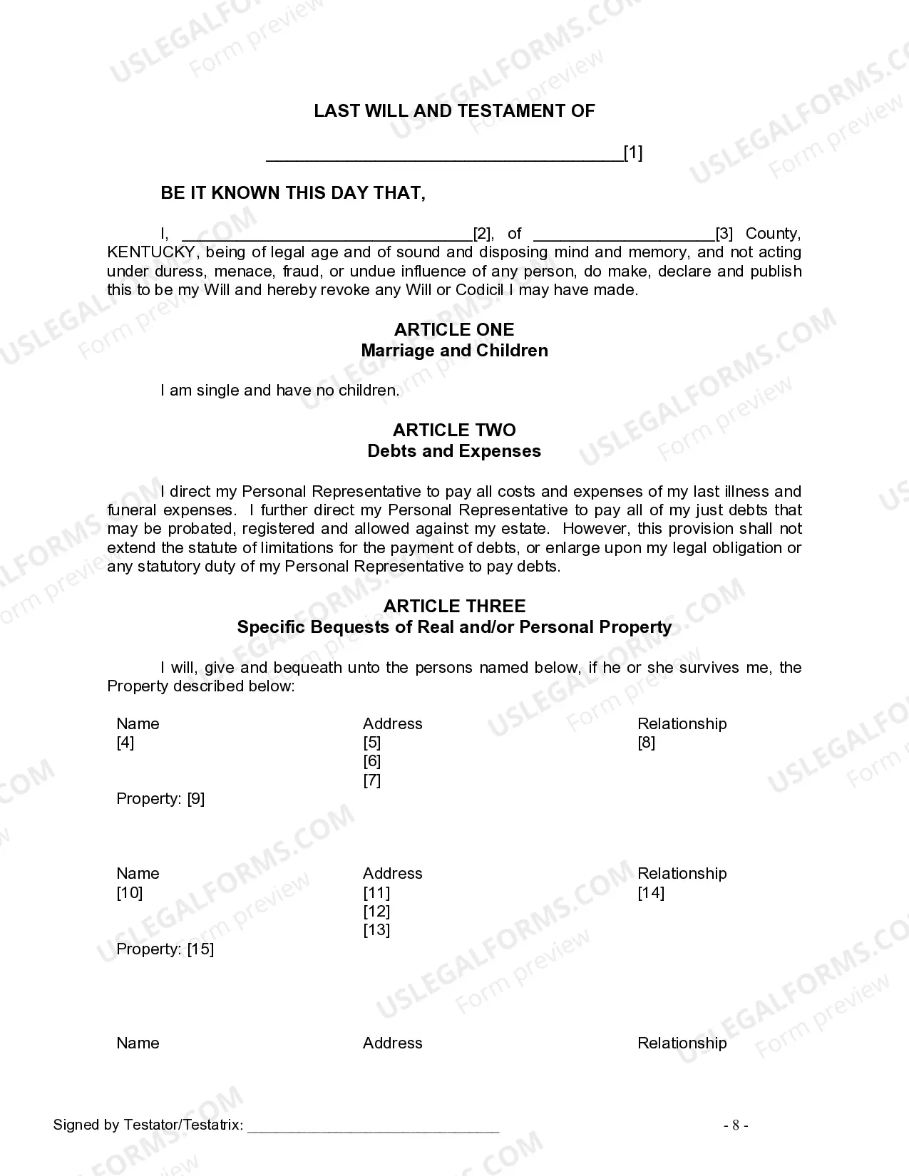 Preview Last Will and Testament for Single Person with No Children