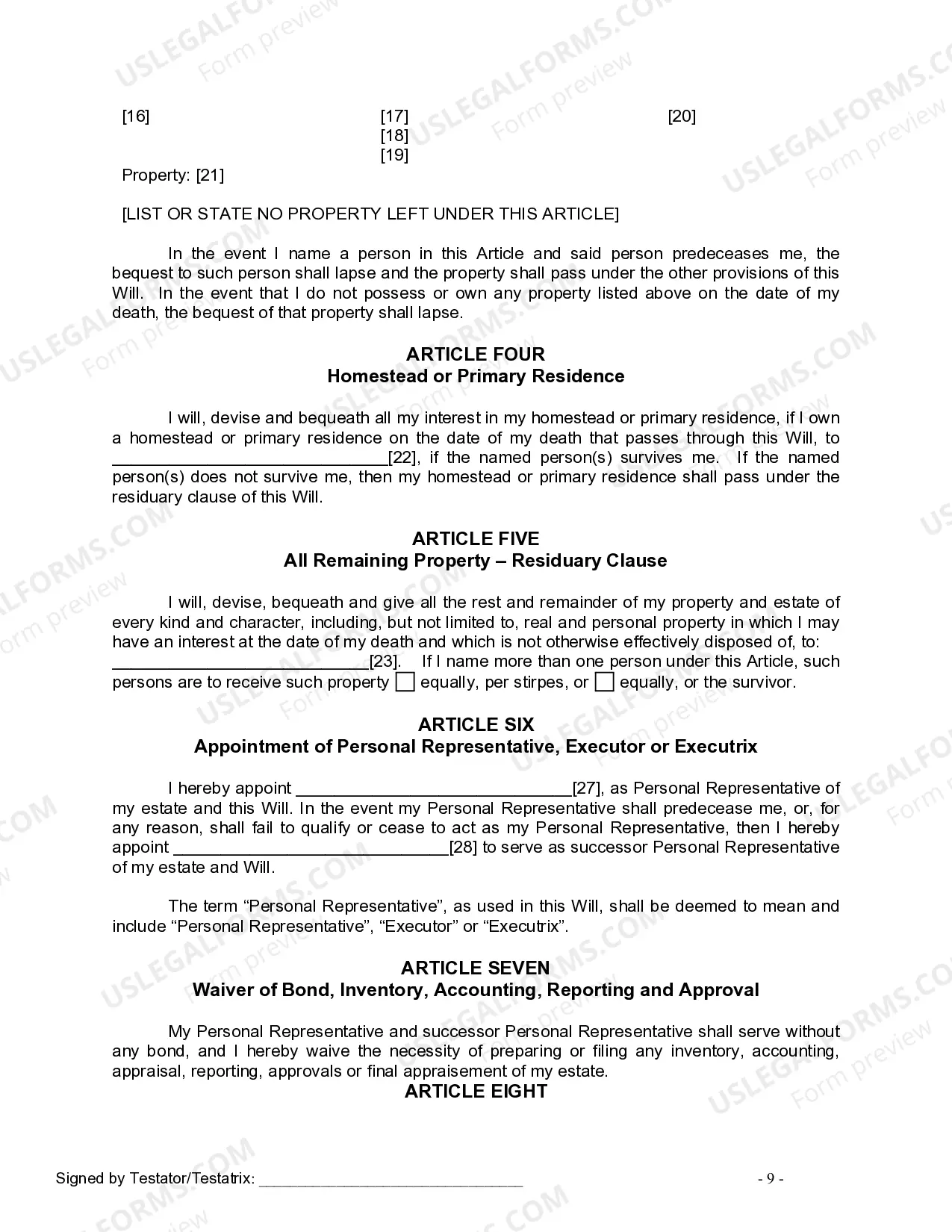 Preview Last Will and Testament for Single Person with No Children