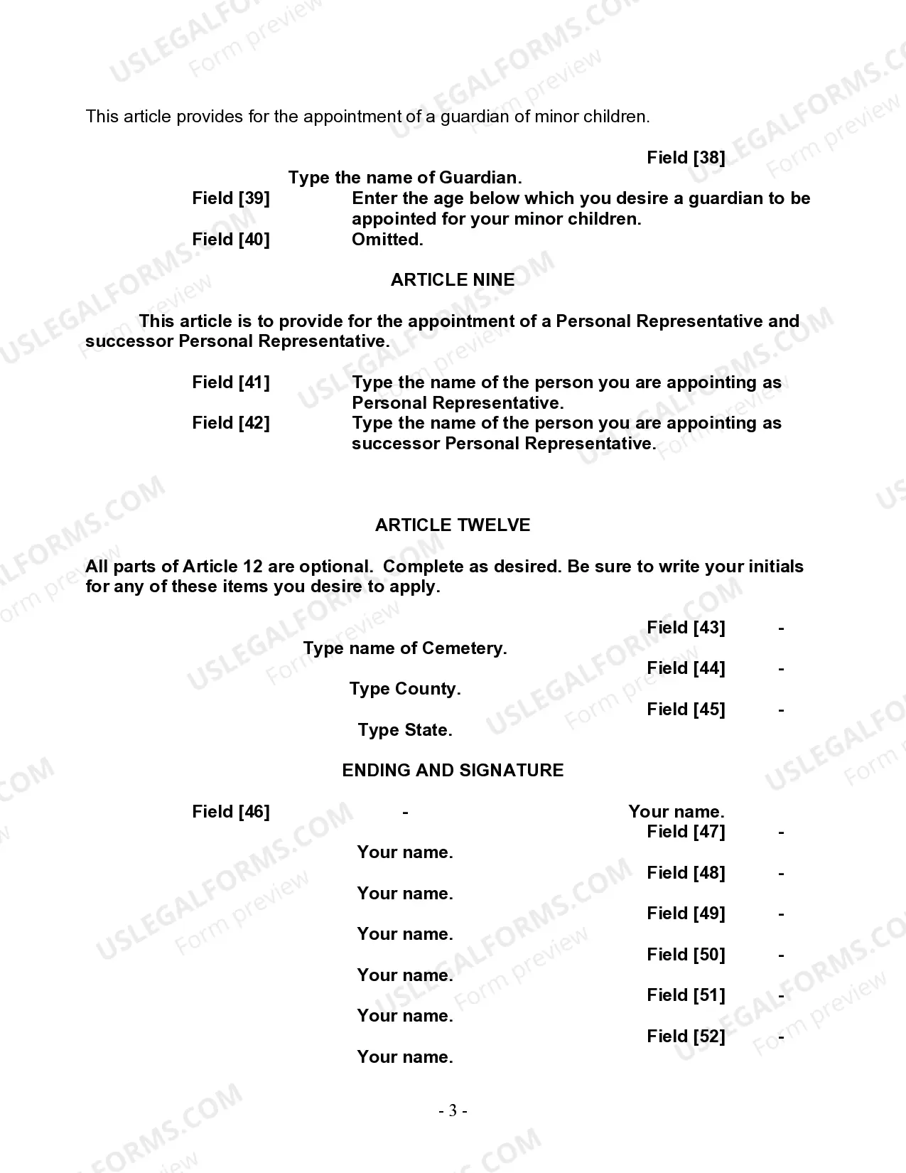 Preview Last Will and Testament for a Single Person with Minor Children