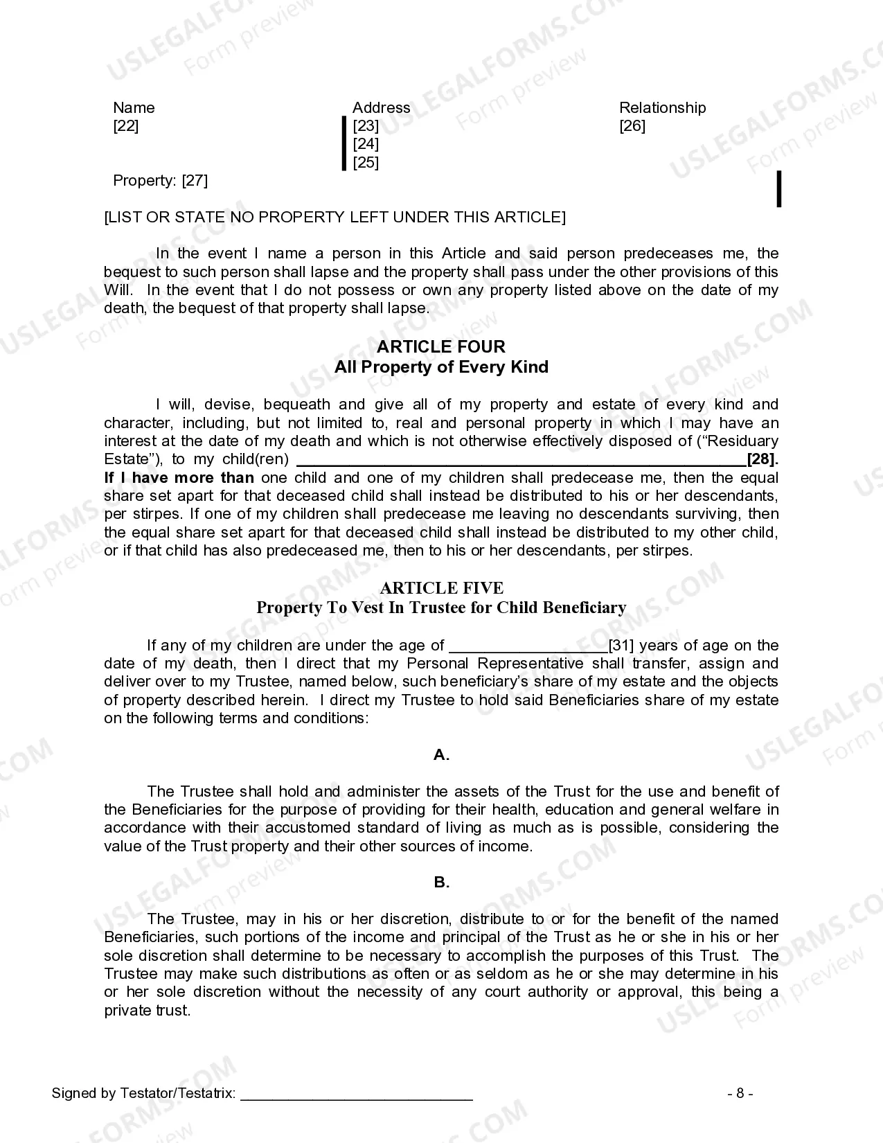 Preview Last Will and Testament for a Single Person with Minor Children